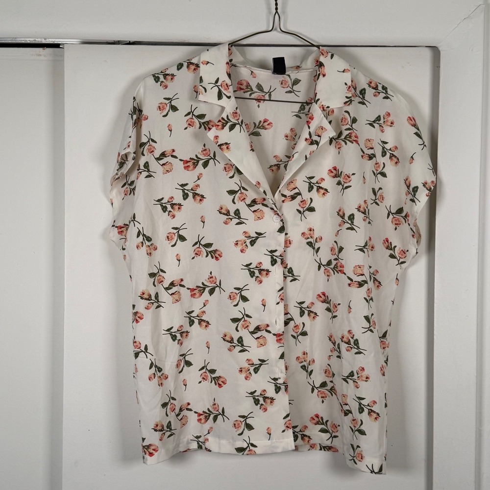Shein Floral Button Down Blouse White Pink Short Sleeve Notched Collar S SS